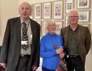Aidan Baker, Haddon Librarian, Margaret Risbeth, Granddaughter of Alfred Cort Haddon, and Ciarán Walsh, www.curator.ie, at the opening of the Irish 'Headhunter' in Cambridge in 2014.